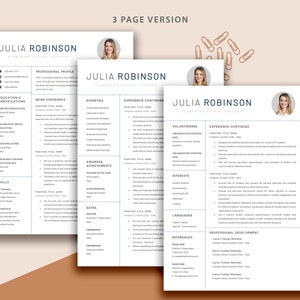 May include: A three-page resume template with a professional design. The resume includes sections for education, certifications, work experience, expertise, awards, achievements, volunteering, interests, languages, professional development, and references. The resume is designed for a teacher.