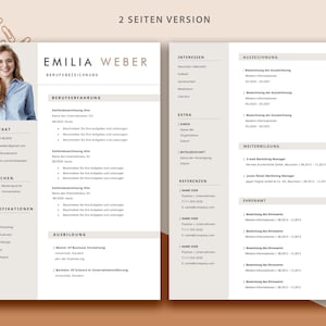 May include: A two-page resume template with a beige background and brown accents. The resume is for Emilia Weber and includes sections for contact information, languages, qualifications, work experience, education, interests, awards, further education, and volunteer work.