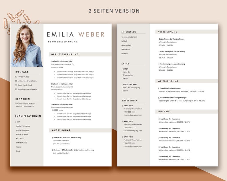 May include: A two-page resume template with a beige background and brown accents. The resume is for Emilia Weber and includes sections for contact information, languages, qualifications, work experience, education, interests, awards, further education, and volunteer work.
