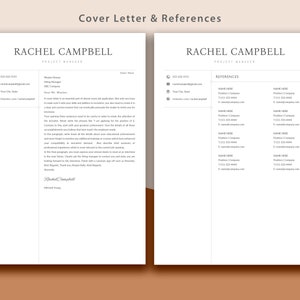 May include: A cover letter and references page for Rachel Campbell, Project Manager. The cover letter is addressed to a hiring manager and includes a salutation, a brief introduction, and a closing. The references page lists the names, titles, companies, phone numbers, and email addresses of several individuals.