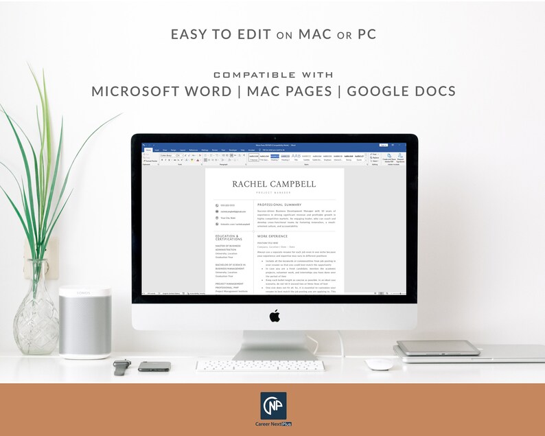 May include: A computer screen displaying a resume template in Microsoft Word. The resume is for Rachel Campbell, Project Manager. The text "EASY TO EDIT ON MAC OR PC" is displayed above the computer screen. The text "COMPATIBLE WITH MICROSOFT WORD | MAC PAGES | GOOGLE DOCS" is displayed below the computer screen. The text "NP Career Next" is displayed in the bottom right corner of the image.