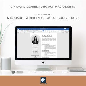 May include: A computer screen displaying a resume template with a black and white photo of a woman. The text on the screen reads "ELENA SEILER IT-PROJECTMANAGER". The text at the top of the screen reads "EINFACHE BEARBEITUNG AUF MAC ODER PC KOMPATIBEL MIT MICROSOFT WORD | MAC PAGES | GOOGLE DOCS".