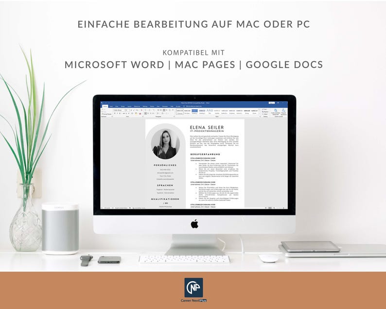 May include: A computer screen displaying a resume template with a black and white photo of a woman. The text on the screen reads "ELENA SEILER IT-PROJECTMANAGER". The text at the top of the screen reads "EINFACHE BEARBEITUNG AUF MAC ODER PC KOMPATIBEL MIT MICROSOFT WORD | MAC PAGES | GOOGLE DOCS".