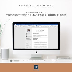 May include: A computer screen displaying a resume template in Microsoft Word. The resume is for Sophia Watson, a Registered Nurse. The template is easy to edit on a Mac or PC and is compatible with Microsoft Word, Mac Pages, and Google Docs.