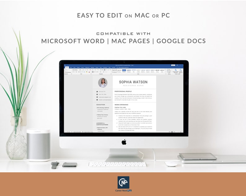 May include: A computer screen displaying a resume template in Microsoft Word. The resume is for Sophia Watson, a Registered Nurse. The template is easy to edit on a Mac or PC and is compatible with Microsoft Word, Mac Pages, and Google Docs.