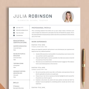 May include: A resume template with a professional profile, education and certifications, work experience, and skills sections. The template is designed for an elementary school teacher.