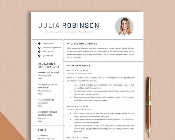Teacher Resume Template Google Docs, Word & Pages, Teaching Resume Photo, Modern Resume Template CV Teacher Professional, Education Resume