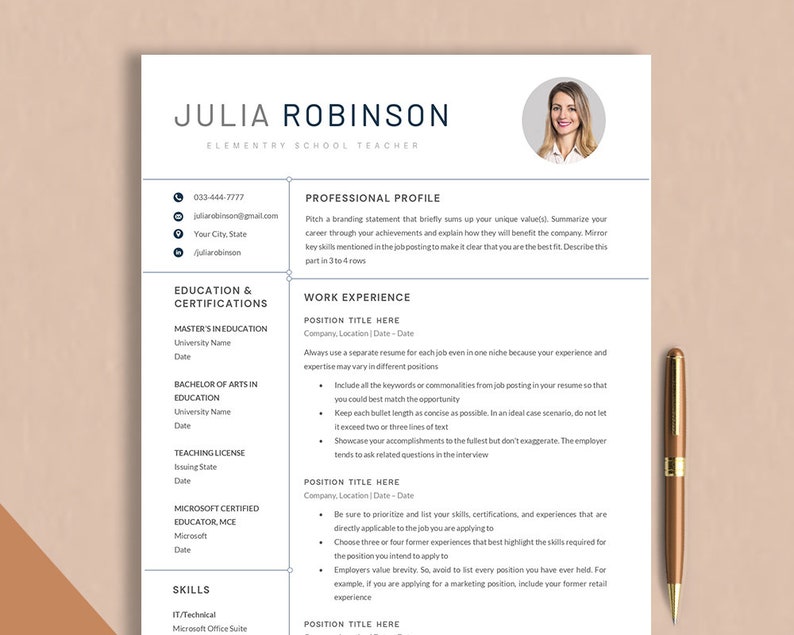 May include: A resume template with a professional profile, education and certifications, work experience, and skills sections. The template is designed for an elementary school teacher.