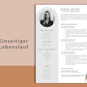 May include: A black and white resume with the title "Einseitiger Lebenslauf" (German for "One-Sided Resume") and the name "Elena Seiler" at the top. The resume lists personal information, skills, work experience, and education.