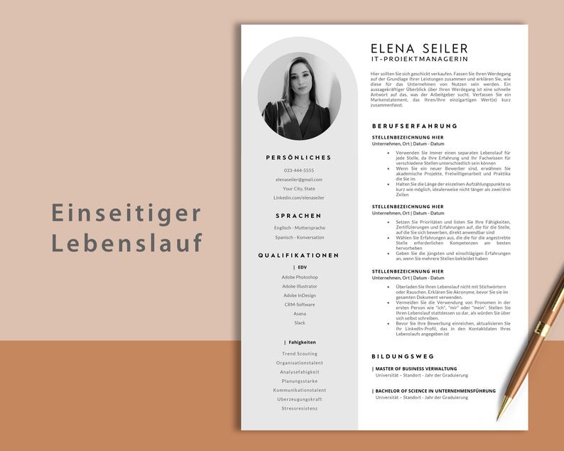 May include: A black and white resume with the title "Einseitiger Lebenslauf" (German for "One-Sided Resume") and the name "Elena Seiler" at the top. The resume lists personal information, skills, work experience, and education.
