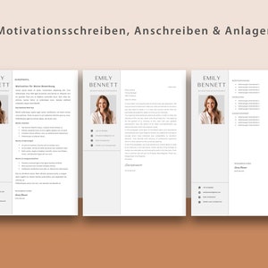 Op de afbeelding: Een document van drie pagina's met een witte achtergrond en grijze tekst. Het document is getiteld "Motivationsschreiben, Anschreiben & Anlagen". Het document bevat een profielfoto van een vrouw met blond haar en een wit shirt. Het document bevat een sollicitatiebrief, een cv en een lijst met referenties.