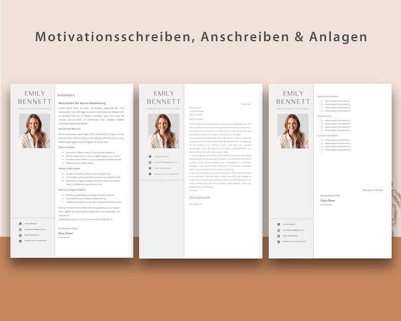 Op de afbeelding: Een document van drie pagina's met een witte achtergrond en grijze tekst. Het document is getiteld "Motivationsschreiben, Anschreiben & Anlagen". Het document bevat een profielfoto van een vrouw met blond haar en een wit shirt. Het document bevat een sollicitatiebrief, een cv en een lijst met referenties.