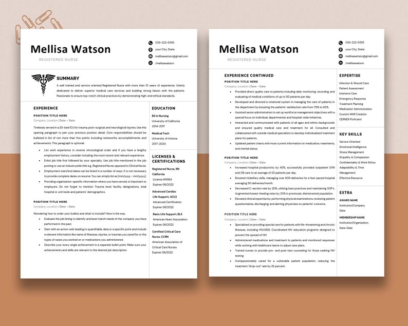 Pu&ograve; includere: Un curriculum vitae per un'infermiera registrata di nome Mellisa Watson. Il curriculum vitae include le sue informazioni di contatto, un riepilogo delle sue qualifiche, la sua esperienza lavorativa, la sua formazione, le sue licenze e certificazioni, le sue competenze chiave e informazioni aggiuntive.