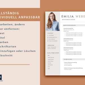 May include: A white resume template with a photo of a woman in the top left corner. The resume includes sections for contact information, languages, qualifications, work experience, and education. The text on the resume is in German.