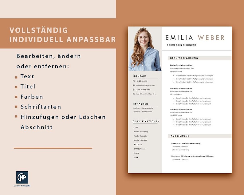 May include: A white resume template with a photo of a woman in the top left corner. The resume includes sections for contact information, languages, qualifications, work experience, and education. The text on the resume is in German.