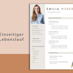 May include: A resume template with a photo of a woman at the top. The resume includes sections for contact information, languages, qualifications, work experience, and education. The text on the resume is in German.
