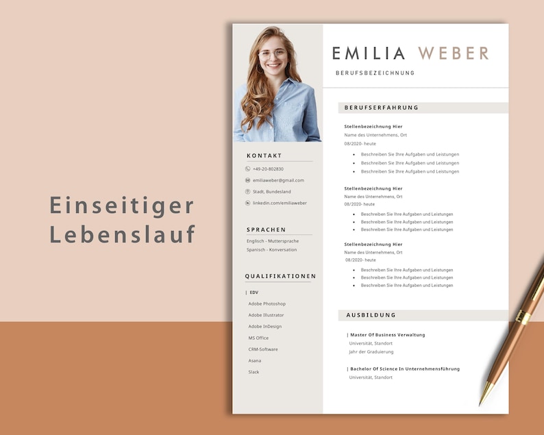 May include: A resume template with a photo of a woman at the top. The resume includes sections for contact information, languages, qualifications, work experience, and education. The text on the resume is in German.