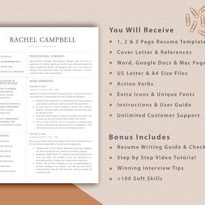 May include: A resume template package with a white background and brown accents. The package includes 1, 2, and 3 page resume templates, cover letter and references, Word, Google Docs, and Mac pages, US Letter and A4 size files, action verbs, extra icons and unique fonts, instructions and a user guide, unlimited customer support, a resume writing guide and checklist, a step-by-step video tutorial, winning interview tips, and 100 soft skills. The text "You Will Receive" and "Bonus Includes" is in a larger font size than the rest of the text. The text "Career Next Step" is in a smaller font size and is located in the bottom right corner of the image.