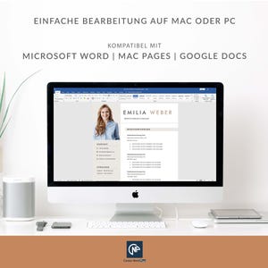 May include: A computer screen displaying a resume template in Microsoft Word. The resume is for Emilia Weber and includes sections for contact information, work experience, and skills. The text on the screen reads "EINFACHE BEARBEITUNG AUF MAC ODER PC KOMPATIBEL MIT MICROSOFT WORD | MAC PAGES | GOOGLE DOCS EMILIA WEBER".