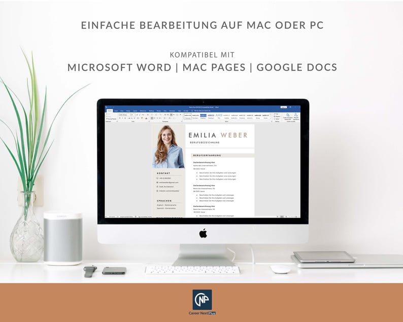 May include: A computer screen displaying a resume template in Microsoft Word. The resume is for Emilia Weber and includes sections for contact information, work experience, and skills. The text on the screen reads "EINFACHE BEARBEITUNG AUF MAC ODER PC KOMPATIBEL MIT MICROSOFT WORD | MAC PAGES | GOOGLE DOCS EMILIA WEBER".