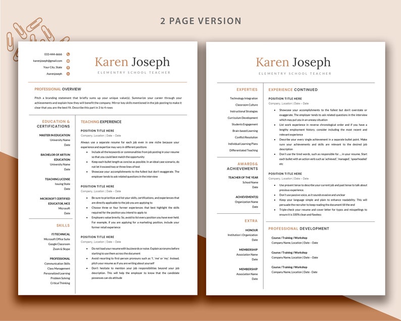 Pu&ograve; includere: Un modello di curriculum vitae su due pagine per un insegnante di scuola elementare. Il curriculum vitae include sezioni per la panoramica professionale, l'istruzione e le certificazioni, l'esperienza di insegnamento, le competenze, le competenze, l'esperienza continuata, i premi e i riconoscimenti, gli extra e lo sviluppo professionale. Il curriculum vitae &egrave; progettato in uno stile moderno e minimalista con uno schema di colori marrone e bianco.