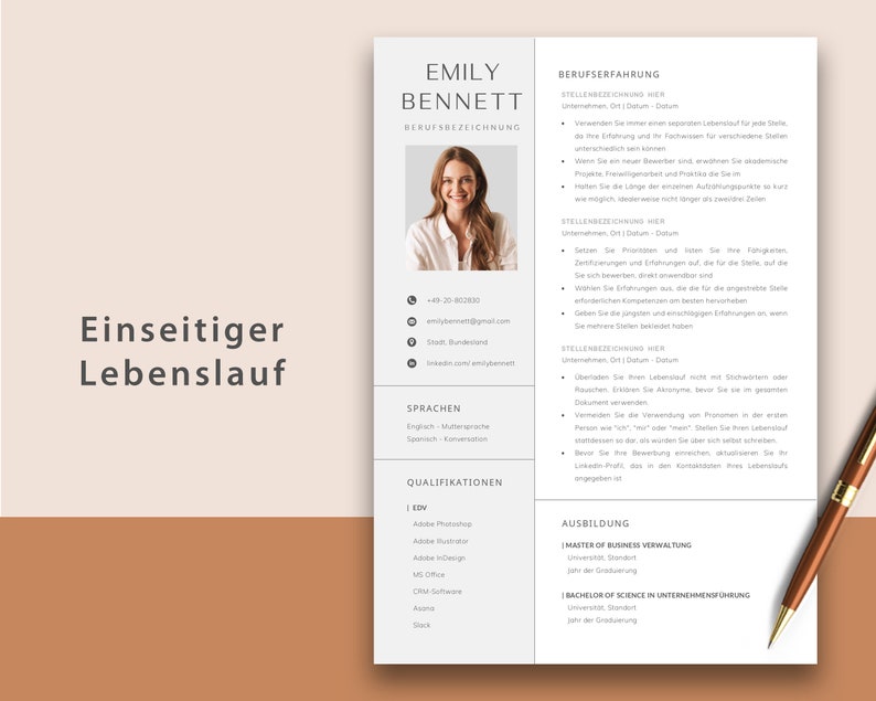 Op de afbeelding: Een cv-sjabloon met een professionele foto van een vrouw. Het cv bevat secties voor contactgegevens, werkervaring, vaardigheden, opleiding en kwalificaties. Het cv is ontworpen in een moderne en minimalistische stijl.