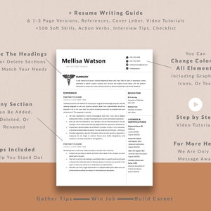 Pu&ograve; includere: Un modello di curriculum per un'infermiera registrata con uno schema di colori in bianco e nero. Il modello include sezioni per l'esperienza, l'istruzione, le licenze e le certificazioni e un riepilogo. Il modello include anche un simbolo di caduceo medico e il testo "Gather Tips", "Win Job" e "Build Career".