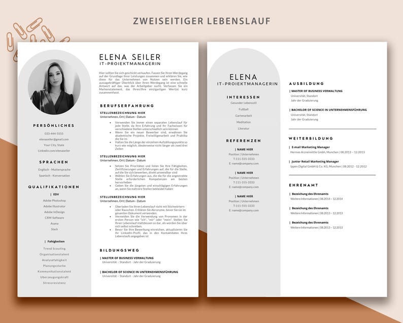 May include: A black and white resume template with a photo of a woman in the top left corner. The resume is divided into two columns. The left column includes sections for personal information, skills, qualifications, and work experience. The right column includes sections for education, interests, references, and volunteer experience. The resume is titled "Two-Sided Resume".