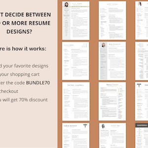 May include: A collage of 12 different resume templates, each with a different design and layout. The text "CAN'T DECIDE BETWEEN TWO OR MORE RESUME DESIGNS?" is at the top of the image. The text "Here is how it works:" is below the title. The text "Add your favorite designs to your shopping cart", "Enter the code BUNDLE70 at checkout", and "You will get 70% discount" are listed below the heading.