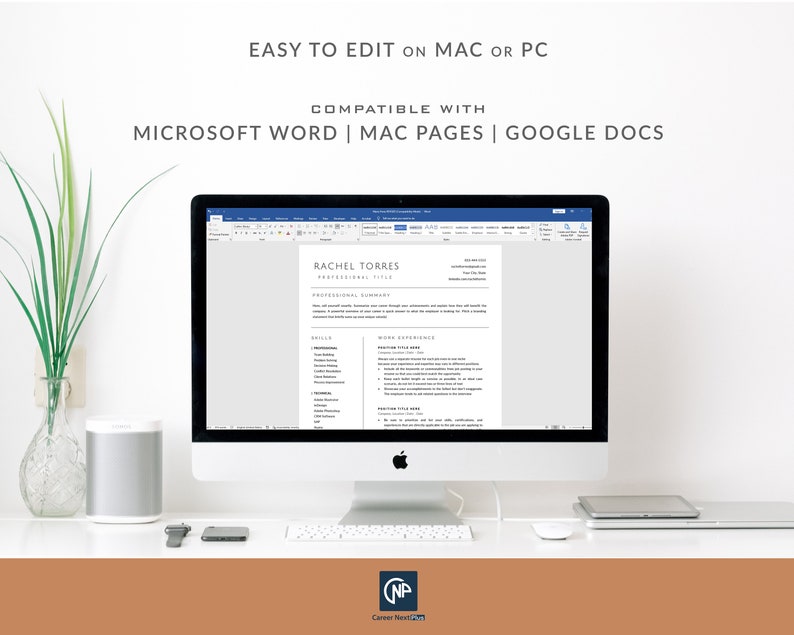 May include: A computer screen displaying a resume template in Microsoft Word. The resume is for Rachel Torres and includes sections for professional summary, skills, and work experience. The text at the top of the image reads "Easy to edit on Mac or PC. Compatible with Microsoft Word | Mac Pages | Google Docs."