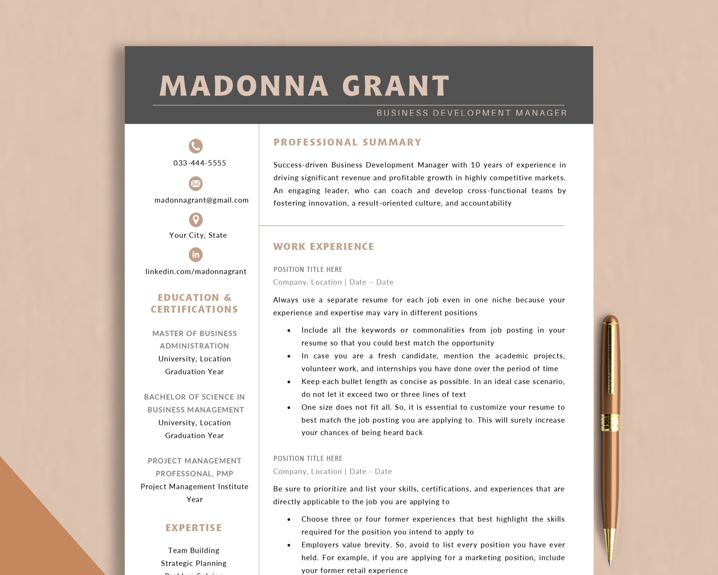 Modern Executive Resume Template, CEO Resume Template for Word, Google Docs & Apple Pages, C Level Resume, Manager Director Resume Template