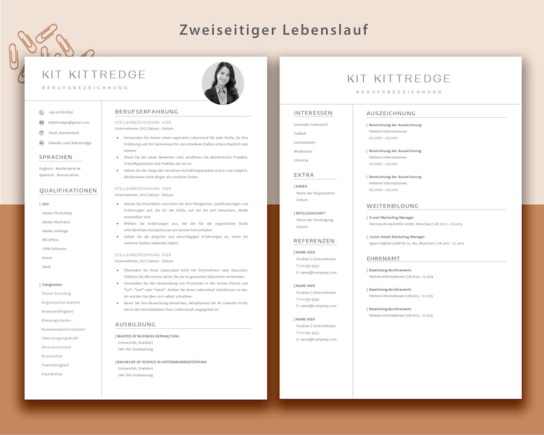 K&ouml;nnte beinhalten: Ein zweiseitiger Lebenslauf in Schwarzwei&szlig; mit dem Namen "Kit Kittredge" oben auf jeder Seite. Die linke Seite enth&auml;lt ein professionelles Foto des Bewerbers, eine Liste der F&auml;higkeiten und Berufserfahrung. Die rechte Seite enth&auml;lt eine Liste der Interessen, Auszeichnungen, Ausbildung und Referenzen.
