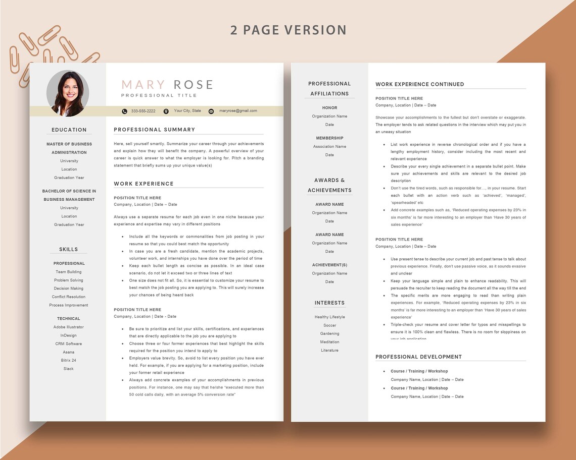 Executive Resume With Photo Minimalist Resume Template Word - Etsy