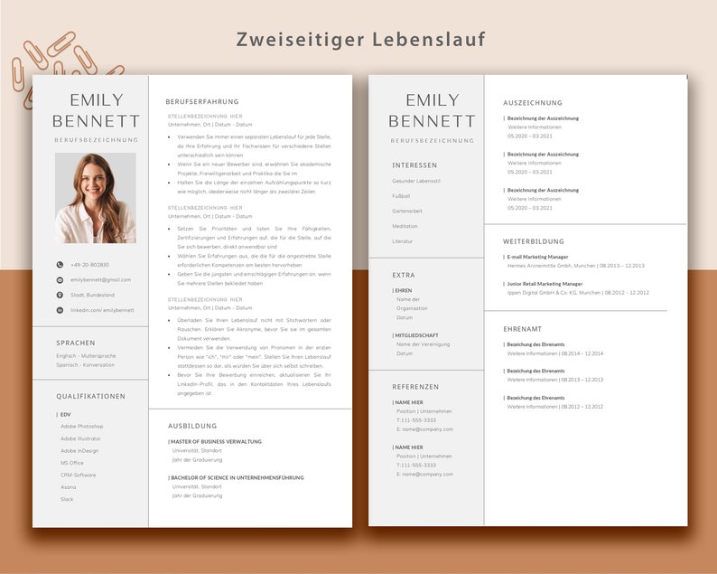 Op de afbeelding: Een cv van twee pagina's in een minimalistische stijl met een neutraal kleurenschema. De cv bevat een foto van de sollicitant, contactgegevens, werkervaring, opleiding, vaardigheden en interesses. De cv is geschreven in het Duits.