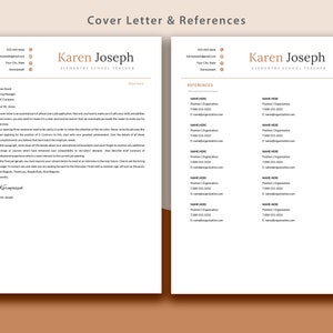 Pu&ograve; includere: Una lettera di presentazione e una pagina di referenze per Karen Joseph, insegnante di scuola elementare. La lettera di presentazione include una breve introduzione e una sezione sull'esperienza. La pagina di referenze elenca i nomi, i titoli, i numeri di telefono e gli indirizzi email di diversi referenti.