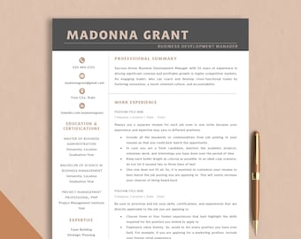 May include: A resume template with a beige background and a dark gray header. The header includes the text "MADONNA GRANT" in a large font and "BUSINESS DEVELOPMENT MANAGER" in a smaller font. The resume includes sections for professional summary, work experience, education and certifications, and expertise. The resume also includes contact information such as phone number, email address, and LinkedIn profile URL.
