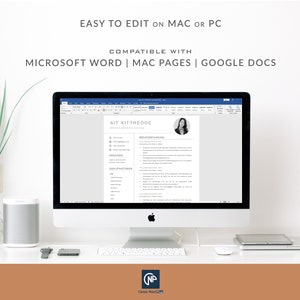 K&ouml;nnte beinhalten: Ein Computerbildschirm zeigt eine Lebenslaufvorlage in Microsoft Word an. Der Lebenslauf ist f&uuml;r Kit Kittredge und enth&auml;lt ein professionelles Portr&auml;tfoto. Der Text "EASY TO EDIT ON MAC OR PC" und "COMPATIBLE WITH MICROSOFT WORD | MAC PAGES | GOOGLE DOCS" wird &uuml;ber dem Lebenslauf angezeigt.