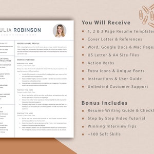 May include: A resume template designed for teachers, featuring a professional profile, work experience, education and certifications, and skills sections. The template includes a bonus section with a resume writing guide, checklist, video tutorial, interview tips, and 100 soft skills.