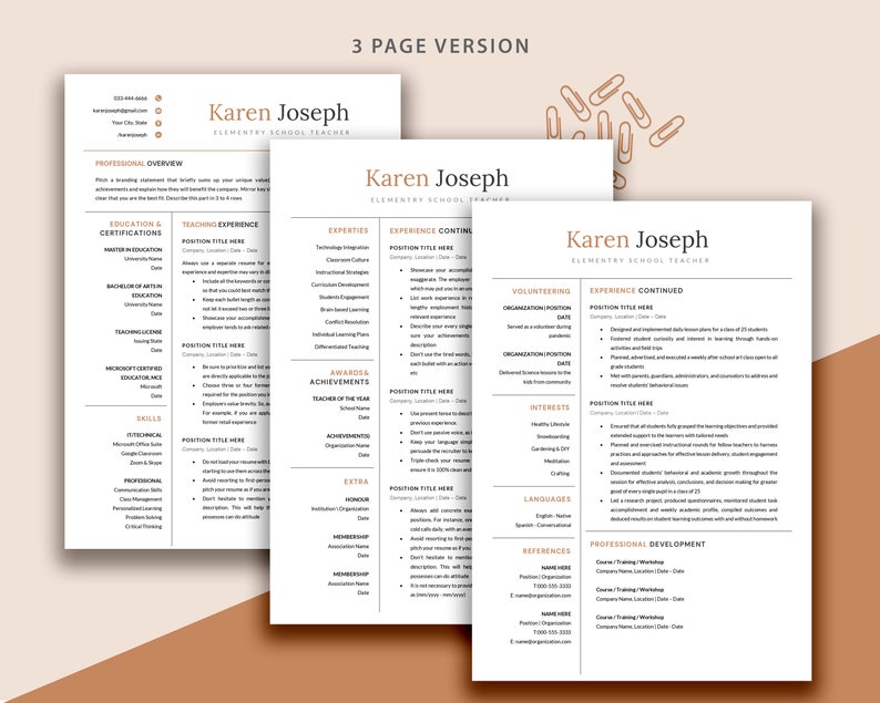 Pu&ograve; includere: Un modello di curriculum vitae su tre pagine progettato per un insegnante di scuola elementare. Il curriculum vitae presenta un design moderno e minimalista con uno schema di colori marrone e oro. Include sezioni per istruzione, certificazioni, esperienza di insegnamento, competenze, premi, risultati, volontariato, interessi, lingue, referenze e sviluppo professionale.