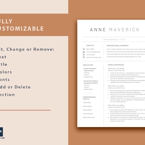 May include: A customizable resume template with a brown background and white text. The template includes sections for contact information, professional summary, education, work experience, and professional skills. The text "ANNE MAVERICK" is at the top of the page.