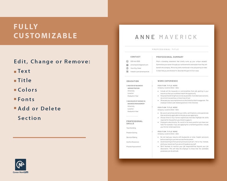 May include: A customizable resume template with a brown background and white text. The template includes sections for contact information, professional summary, education, work experience, and professional skills. The text "ANNE MAVERICK" is at the top of the page.
