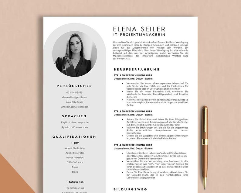 May include: A black and white resume template with a professional headshot of a woman. The resume includes sections for personal information, languages, qualifications, work experience, and education.