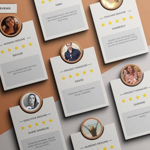May include: A collection of customer reviews for resume templates. Each review includes a star rating, a customer's name, and a brief testimonial. The reviews are displayed on white cards with a brown border.