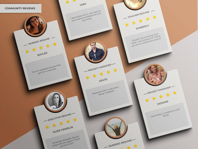 May include: A collection of customer reviews for resume templates. Each review includes a star rating, a customer's name, and a brief testimonial. The reviews are displayed on white cards with a brown border.