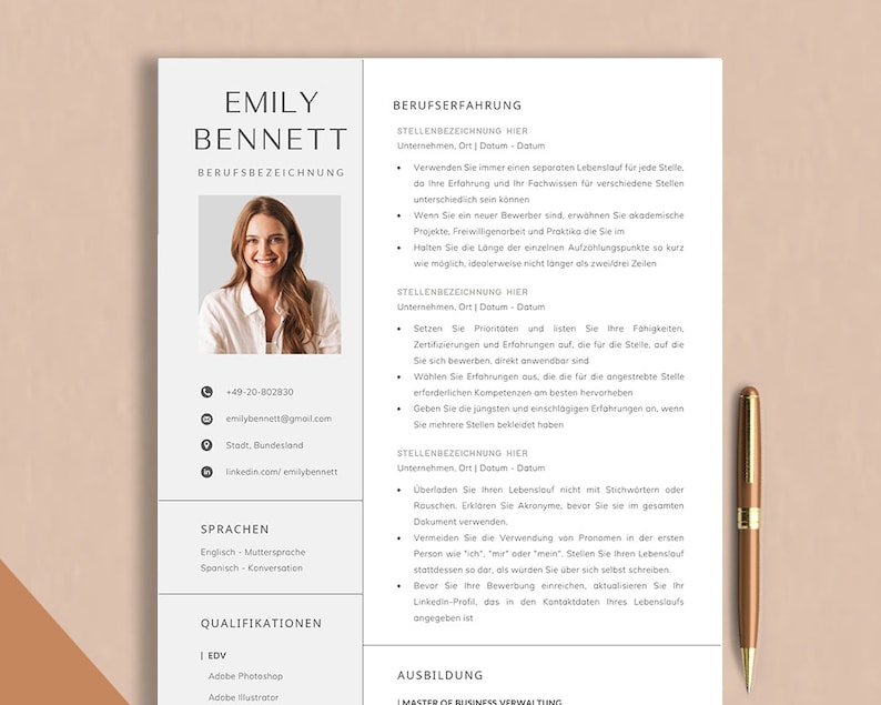 Op de afbeelding: Een cv-sjabloon met een professionele foto, contactgegevens, werkervaring, vaardigheden en opleiding. Het cv is in het Duits.