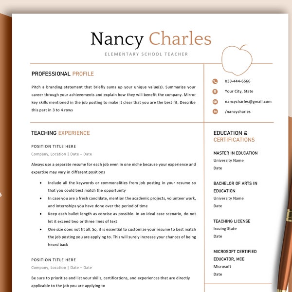 Modern Teacher Resume Template, Teacher Resume Template With Cover Letter, Elementary Teacher Resume, Teaching Resume, Education Resume CV