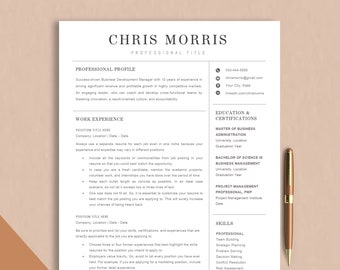 May include: A black and white resume template with the name Chris Morris at the top. The resume includes sections for professional profile, work experience, education and certifications, and skills. The resume is formatted with a modern, clean design.