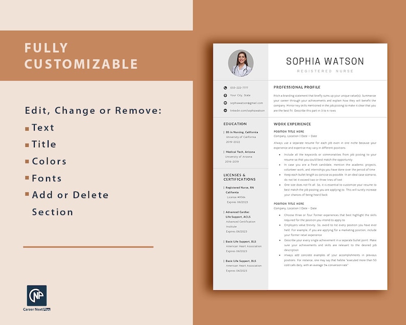 May include: A resume template with a brown background and a light brown border. The template is fully customizable and includes sections for education, work experience, licenses and certifications, and a professional profile. The template also includes a section for adding or deleting sections.