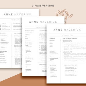 May include: A three-page resume template with a minimalist design. The template features a clean layout with a simple font and a neutral color scheme. The resume includes sections for contact information, education, work experience, skills, awards and achievements, professional affiliations, interests, community engagement, professional development, and references.