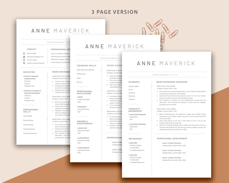 May include: A three-page resume template with a minimalist design. The template features a clean layout with a simple font and a neutral color scheme. The resume includes sections for contact information, education, work experience, skills, awards and achievements, professional affiliations, interests, community engagement, professional development, and references.